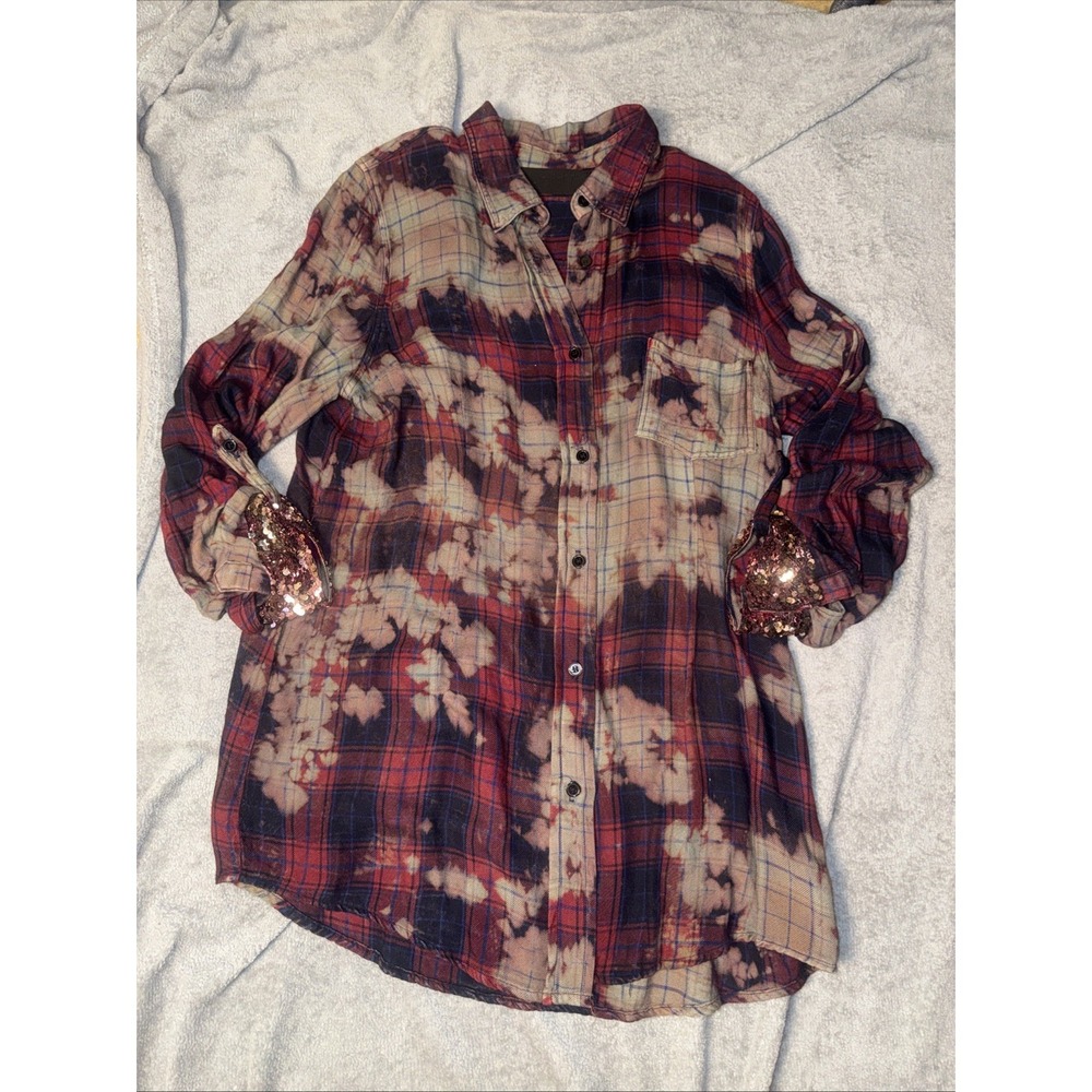 The Nu Vintage Bleach Dye Distressed Red Plaid Sequin Cuffs Western Grunge Large - Picture 3 of 10